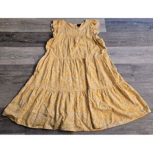J. Crew Yellow White Floral Flutter Sleeve Tiered Dress with Pockets Sz 10 linen